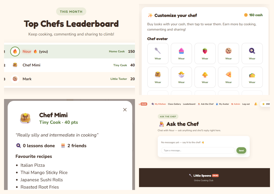 A peek inside Little Spoons Online — leaderboard, customise your chef, friends and Ask the Chef